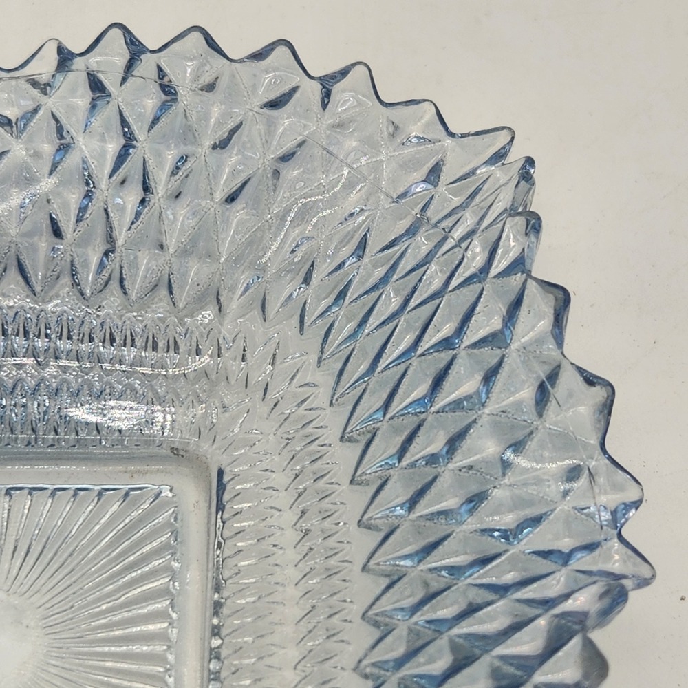 Vintage Indiana Glass Ice Blue Diamond Point Sawtooth Ruffle Pressed Glass Dish - Picture 4 of 10